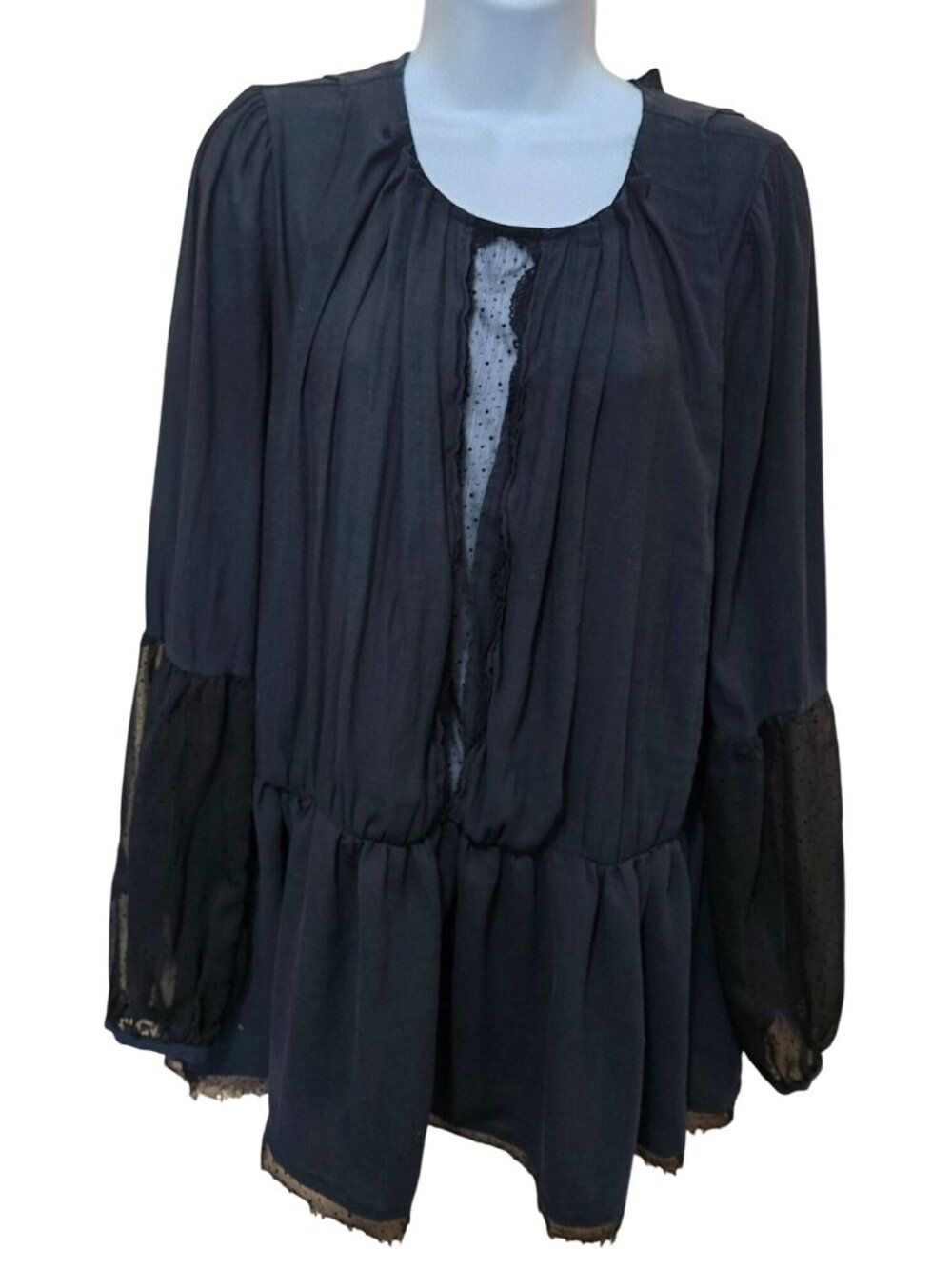 Black Peplum Blouse Sheer Polka Dot Sleeves Frayed Hemline goth whimsygoth